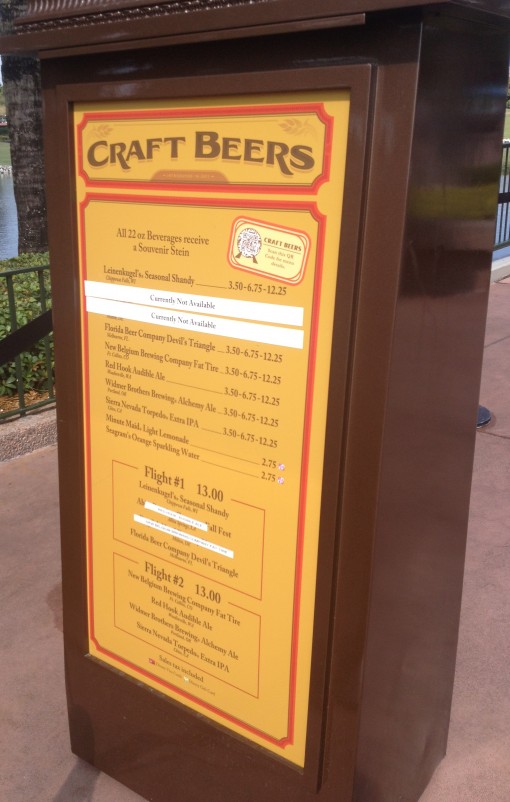 Craft Beers menu at Epcot Food and Wine Festival