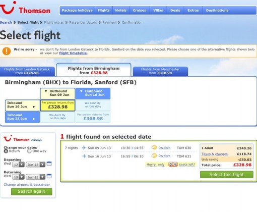 Cheap flights between the US and UK on Thomson