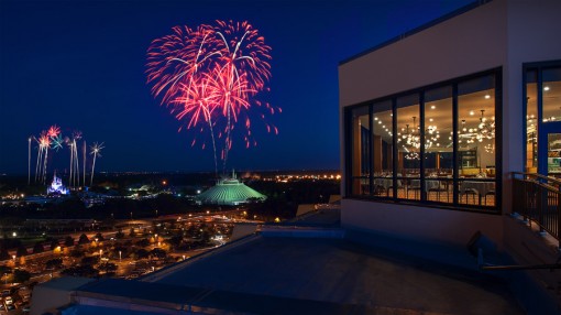 View of Magic Kingdom fireworks from the California Grill on top of the Contemporary Resort at Walt Disney World