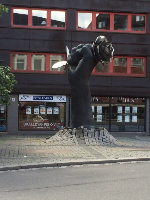 oslo, norway, street art, fist rose sculpture