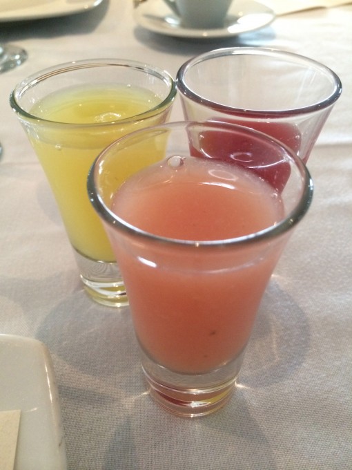 Trio of juices at Benazuza in Cancun, Mexico