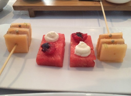 Melon with Honey Brochette and Watermelon and Modena at Benazuza in Cancun, Mexico