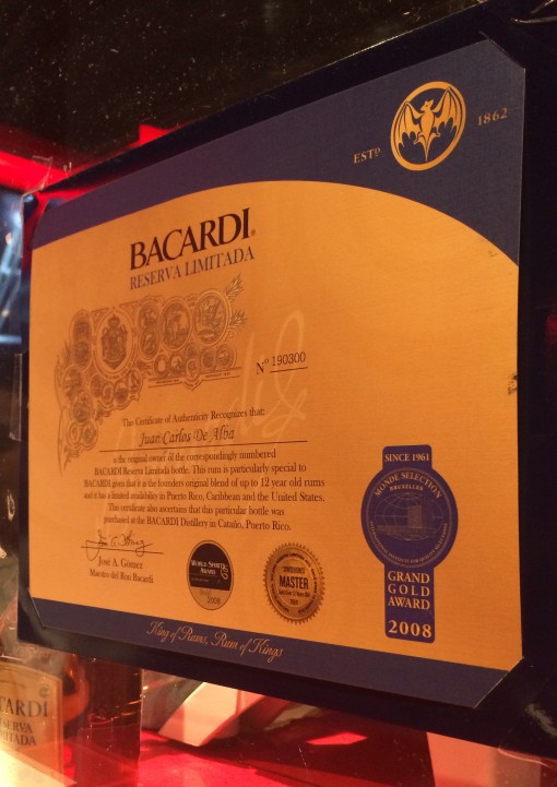 Certificate of Authenticity for Bacardi Reserva Limitada at Casa Bacardi Distillery in San Juan, Puerto Rico