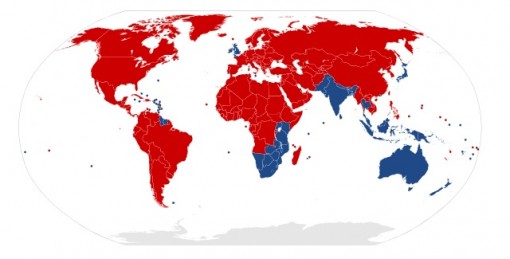 Map of countries with Right-Hand Traffic v. Left Hand Traffic.  Red= Right, Blue= Left