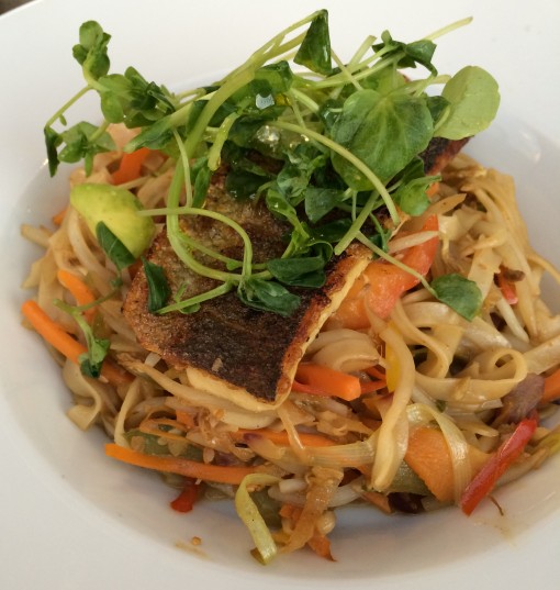 Sea Bass over rice noodles at the Grill Room at the Airth Castle Hotel in Falkirk, Scotland