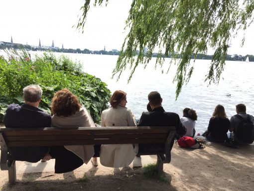 Locals crowd the banks of the Outer Alster Lake on a warm summer day in Hamburg. 