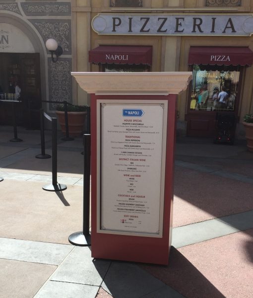 The Via Napoli Pizza window at the Italy pavilian in Epcot!